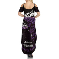New Zealand Matariki Summer Maxi Dress Maori New Year Silver Fern And Lizard - Purple LT14 - Polynesian Pride