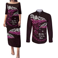 New Zealand Matariki Couples Matching Puletasi and Long Sleeve Button Shirt Maori New Year Silver Fern And Lizard - Pink LT14 Pink - Polynesian Pride