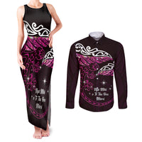 New Zealand Matariki Couples Matching Tank Maxi Dress and Long Sleeve Button Shirt Maori New Year Silver Fern And Lizard - Pink LT14 Pink - Polynesian Pride