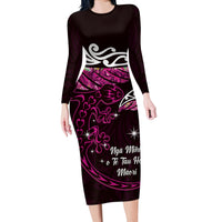 New Zealand Matariki Long Sleeve Bodycon Dress Maori New Year Silver Fern And Lizard - Pink LT14 Long Dress Pink - Polynesian Pride