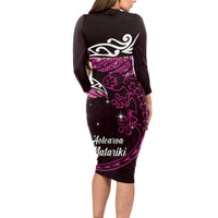 New Zealand Matariki Long Sleeve Bodycon Dress Maori New Year Silver Fern And Lizard - Pink LT14 - Polynesian Pride