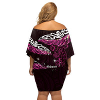 New Zealand Matariki Off Shoulder Short Dress Maori New Year Silver Fern And Lizard - Pink LT14 - Polynesian Pride