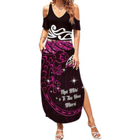 New Zealand Matariki Summer Maxi Dress Maori New Year Silver Fern And Lizard - Pink LT14 Women Pink - Polynesian Pride