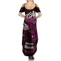 New Zealand Matariki Summer Maxi Dress Maori New Year Silver Fern And Lizard - Pink LT14 - Polynesian Pride