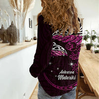 New Zealand Matariki Women Casual Shirt Maori New Year Silver Fern And Lizard - Pink LT14 - Polynesian Pride