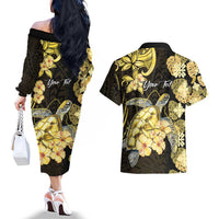 Personalised Aloha Hawaii Oahu Island Couples Matching Off The Shoulder Long Sleeve Dress and Hawaiian Shirt Gathering Place Sea Turtle Ilima Flowers