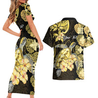 Personalised Aloha Hawaii Oahu Island Couples Matching Short Sleeve Bodycon Dress and Hawaiian Shirt Gathering Place Sea Turtle Ilima Flowers