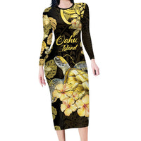 Personalised Aloha Hawaii Oahu Island Family Matching Long Sleeve Bodycon Dress and Hawaiian Shirt Gathering Place Sea Turtle Ilima Flowers LT14 Mom's Dress Yellow - Polynesian Pride