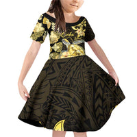 Personalised Aloha Hawaii Oahu Island Family Matching Off Shoulder Short Dress and Hawaiian Shirt Gathering Place Sea Turtle Ilima Flowers LT14 Daughter's Dress Yellow - Polynesian Pride