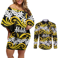 Personalised Cook Islands Aitutaki Couples Matching Off Shoulder Short Dress and Long Sleeve Button Shirt Tiare Maori Polynesian Waves Tattoo