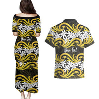 Personalised Cook Islands Aitutaki Couples Matching Puletasi and Hawaiian Shirt Tiare Maori Polynesian Waves Tattoo