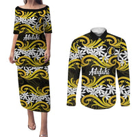 Personalised Cook Islands Aitutaki Couples Matching Puletasi and Long Sleeve Button Shirt Tiare Maori Polynesian Waves Tattoo