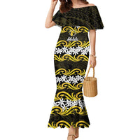 Personalised Cook Islands Aitutaki Family Matching Mermaid Dress and Hawaiian Shirt Tiare Maori Polynesian Waves Tattoo LT14 Mom's Dress Yellow - Polynesian Pride