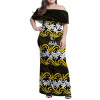 Personalised Cook Islands Aitutaki Family Matching Off Shoulder Maxi Dress and Hawaiian Shirt Tiare Maori Polynesian Waves Tattoo LT14 Mom's Dress Yellow - Polynesian Pride