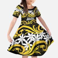 Personalised Cook Islands Aitutaki Family Matching Off Shoulder Short Dress and Hawaiian Shirt Tiare Maori Polynesian Waves Tattoo LT14 Daughter's Dress Yellow - Polynesian Pride