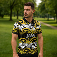 Personalised Cook Islands Aitutaki Zipper Polo Shirt Tiare Maori Polynesian Waves Tattoo
