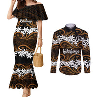 Personalised Cook Islands Rakahanga Couples Matching Mermaid Dress and Long Sleeve Button Shirt Tiare Maori Polynesian Waves Tattoo LT14 Orange - Polynesian Pride
