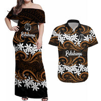 Personalised Cook Islands Rakahanga Couples Matching Off Shoulder Maxi Dress and Hawaiian Shirt Tiare Maori Polynesian Waves Tattoo LT14 Orange - Polynesian Pride