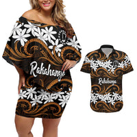 Personalised Cook Islands Rakahanga Couples Matching Off Shoulder Short Dress and Hawaiian Shirt Tiare Maori Polynesian Waves Tattoo LT14 Orange - Polynesian Pride