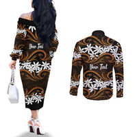 Personalised Cook Islands Rakahanga Couples Matching Off The Shoulder Long Sleeve Dress and Long Sleeve Button Shirt Tiare Maori Polynesian Waves Tattoo LT14 - Polynesian Pride