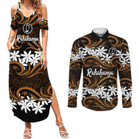 Personalised Cook Islands Rakahanga Couples Matching Summer Maxi Dress and Long Sleeve Button Shirt Tiare Maori Polynesian Waves Tattoo