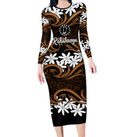 Personalised Cook Islands Rakahanga Family Matching Long Sleeve Bodycon Dress and Hawaiian Shirt Tiare Maori Polynesian Waves Tattoo LT14 Mom's Dress Orange - Polynesian Pride