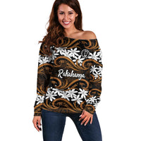 Personalised Cook Islands Rakahanga Off Shoulder Sweater Tiare Maori Polynesian Waves Tattoo