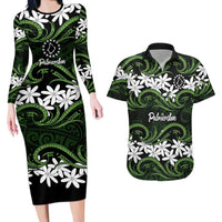 Personalised Cook Islands Palmerston Couples Matching Long Sleeve Bodycon Dress and Hawaiian Shirt Tiare Maori Polynesian Waves Tattoo LT14 Green - Polynesian Pride