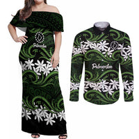 Personalised Cook Islands Palmerston Couples Matching Off Shoulder Maxi Dress and Long Sleeve Button Shirt Tiare Maori Polynesian Waves Tattoo