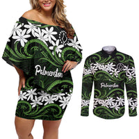 Personalised Cook Islands Palmerston Couples Matching Off Shoulder Short Dress and Long Sleeve Button Shirt Tiare Maori Polynesian Waves Tattoo