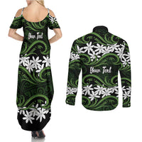 Personalised Cook Islands Palmerston Couples Matching Summer Maxi Dress and Long Sleeve Button Shirt Tiare Maori Polynesian Waves Tattoo
