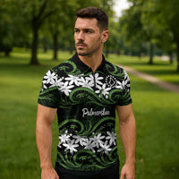 Personalised Cook Islands Palmerston Zipper Polo Shirt Tiare Maori Polynesian Waves Tattoo