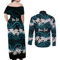 Personalised Cook Islands Penrhyn Atoll Couples Matching Off Shoulder Maxi Dress and Long Sleeve Button Shirt Tiare Maori Polynesian Waves Tattoo