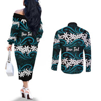 Personalised Cook Islands Penrhyn Atoll Couples Matching Off The Shoulder Long Sleeve Dress and Long Sleeve Button Shirt Tiare Maori Polynesian Waves Tattoo LT14 - Polynesian Pride