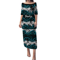 Personalised Cook Islands Penrhyn Atoll Family Matching Puletasi and Hawaiian Shirt Tiare Maori Polynesian Waves Tattoo LT14 Mom's Dress Blue - Polynesian Pride