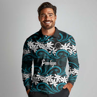 Personalised Cook Islands Penrhyn Atoll Long Sleeve Polo Shirt Tiare Maori Polynesian Waves Tattoo
