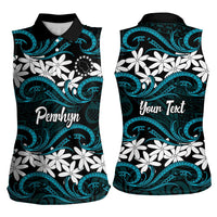 Personalised Cook Islands Penrhyn Atoll Women Sleeveless Polo Shirt Tiare Maori Polynesian Waves Tattoo