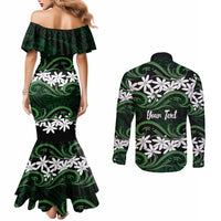 Personalised Cook Islands Mitiaro Couples Matching Mermaid Dress and Long Sleeve Button Shirt Tiare Maori Polynesian Waves Tattoo
