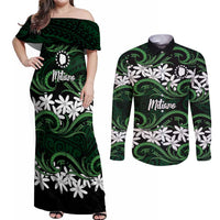 Personalised Cook Islands Mitiaro Couples Matching Off Shoulder Maxi Dress and Long Sleeve Button Shirt Tiare Maori Polynesian Waves Tattoo