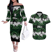 Personalised Cook Islands Mitiaro Couples Matching Off The Shoulder Long Sleeve Dress and Hawaiian Shirt Tiare Maori Polynesian Waves Tattoo LT14 Green - Polynesian Pride
