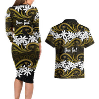 Personalised Cook Islands Manihiki Couples Matching Long Sleeve Bodycon Dress and Hawaiian Shirt Tiare Maori Polynesian Waves Tattoo LT14 - Polynesian Pride