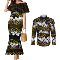 Personalised Cook Islands Manihiki Couples Matching Mermaid Dress and Long Sleeve Button Shirt Tiare Maori Polynesian Waves Tattoo LT14 Gold - Polynesian Pride