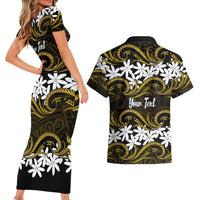 Personalised Cook Islands Manihiki Couples Matching Short Sleeve Bodycon Dress and Hawaiian Shirt Tiare Maori Polynesian Waves Tattoo LT14 - Polynesian Pride