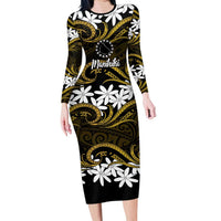 Personalised Cook Islands Manihiki Family Matching Long Sleeve Bodycon Dress and Hawaiian Shirt Tiare Maori Polynesian Waves Tattoo LT14 Mom's Dress Gold - Polynesian Pride