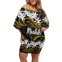 Personalised Cook Islands Manihiki Family Matching Off Shoulder Short Dress and Hawaiian Shirt Tiare Maori Polynesian Waves Tattoo LT14 Mom's Dress Gold - Polynesian Pride