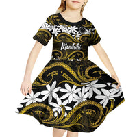 Personalised Cook Islands Manihiki Kid Short Sleeve Dress Tiare Maori Polynesian Waves Tattoo