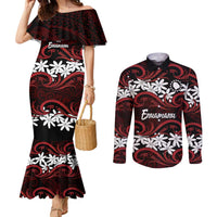 Personalised Cook Islands Atiu Enuamanu Couples Matching Mermaid Dress and Long Sleeve Button Shirt Tiare Maori Polynesian Waves Tattoo LT14 Red - Polynesian Pride