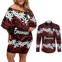 Personalised Cook Islands Atiu Enuamanu Couples Matching Off Shoulder Short Dress and Long Sleeve Button Shirt Tiare Maori Polynesian Waves Tattoo LT14 Red - Polynesian Pride