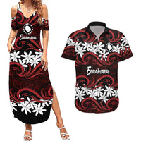 Personalised Cook Islands Atiu Enuamanu Couples Matching Summer Maxi Dress and Hawaiian Shirt Tiare Maori Polynesian Waves Tattoo LT14 Red - Polynesian Pride