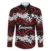 Personalised Cook Islands Atiu Enuamanu Family Matching Off The Shoulder Long Sleeve Dress and Hawaiian Shirt Tiare Maori Polynesian Waves Tattoo LT14 Dad's Shirt - Long Sleeve Red - Polynesian Pride